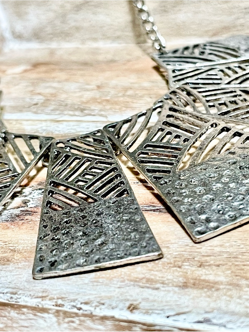 Silver-Tone Textured Geometric Statement Necklace - Picture 3 of 5